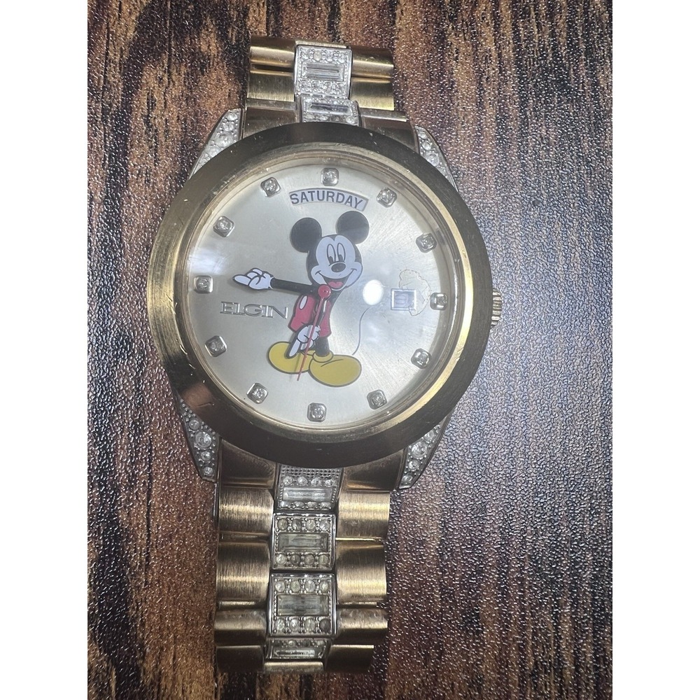 Vintage Quartz Elgin Mickey Mouse Wristwatch 41mm Working W- Band Original
